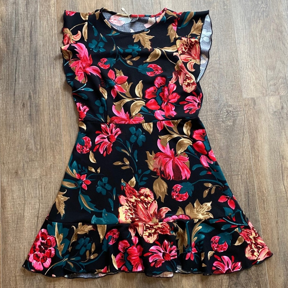 SHEIN Women Black Pink Floral Flutter Sleeve Ruffle Hem Mini Dress Large 8/10‎